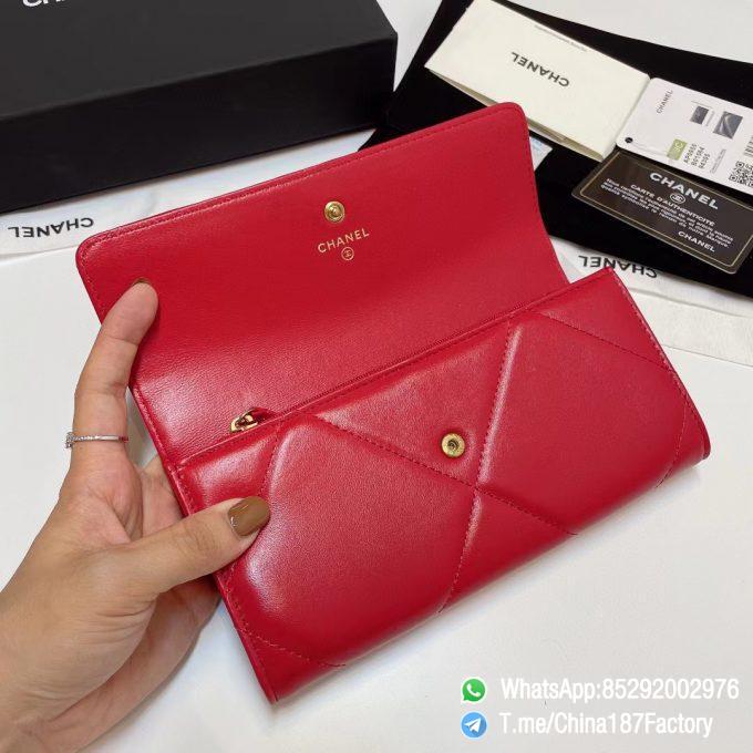 187 Factory Bags Chanel 19 Long Wallet Red Shiny Lambskin Gold Tone Metal 06