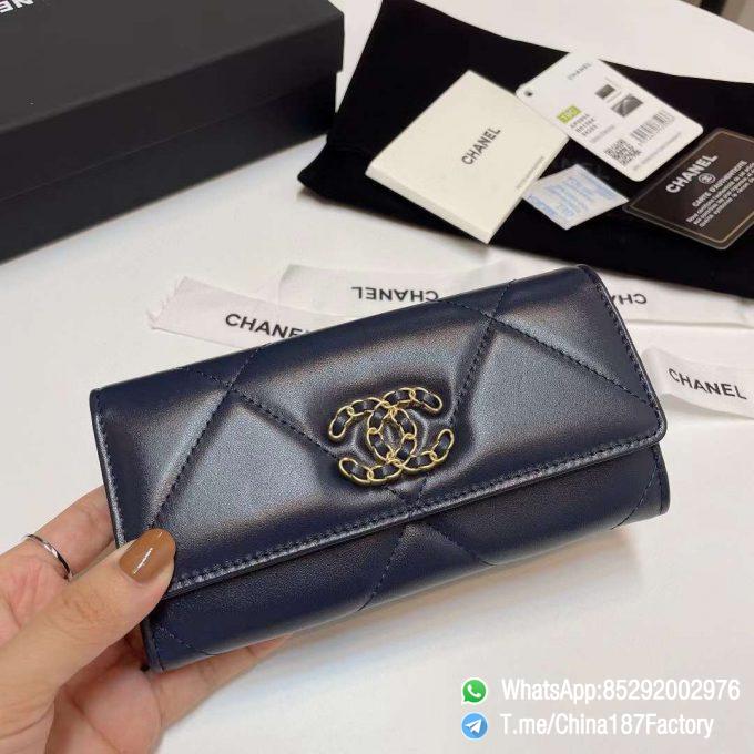 187 Factory Bags Chanel 19 Middle Cambon Wallet Abysse Blue Shiny Lambskin Gold Tone Metal 01