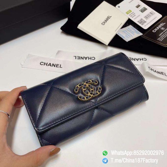 187 Factory Bags Chanel 19 Middle Cambon Wallet Abysse Blue Shiny Lambskin Gold Tone Metal 04