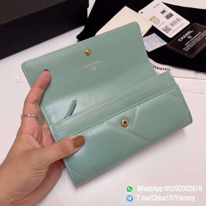 187 Factory Bags Chanel 19 Middle Cambon Wallet Aqua Green Shiny Lambskin Gold Tone Metal 06