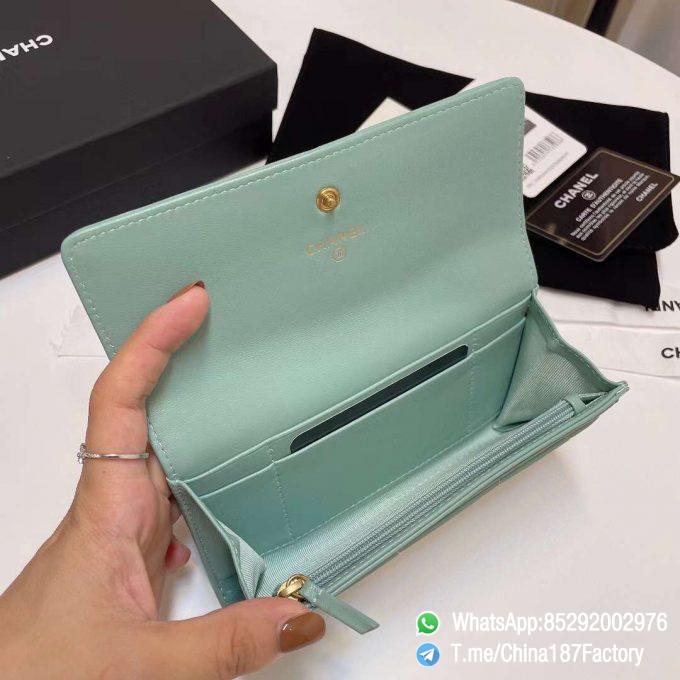 187 Factory Bags Chanel 19 Middle Cambon Wallet Aqua Green Shiny Lambskin Gold Tone Metal 07