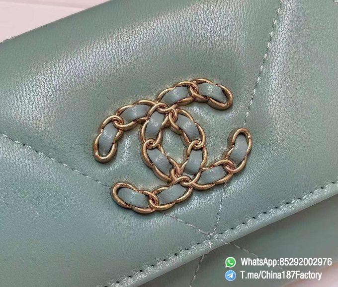 187 Factory Bags Chanel 19 Middle Cambon Wallet Aqua Green Shiny Lambskin Gold Tone Metal 09