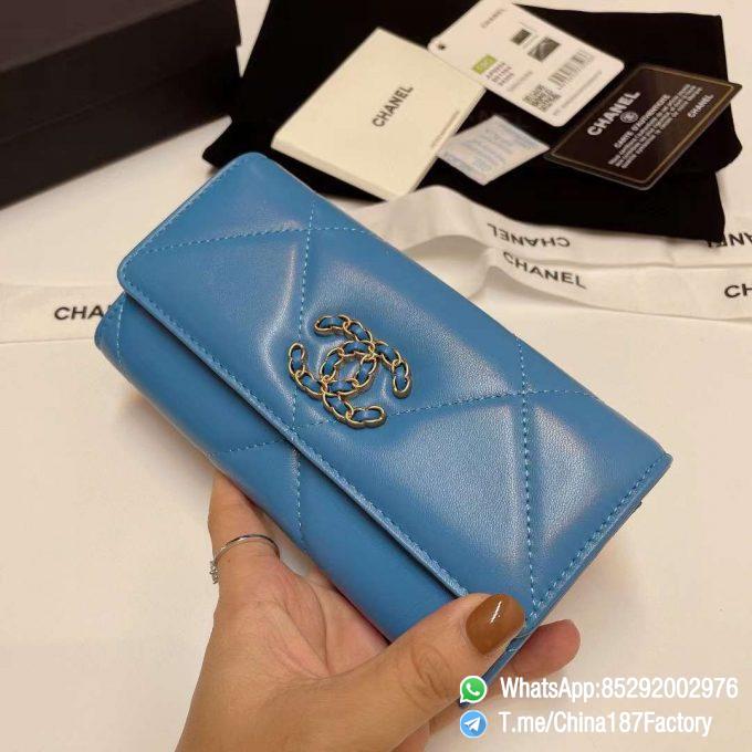 187 Factory Bags Chanel 19 Middle Cambon Wallet Blue Shiny Lambskin Gold Tone Metal 02