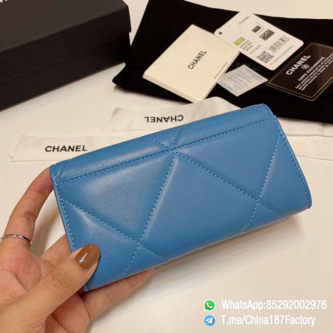 187 Factory Bags Chanel 19 Middle Cambon Wallet Blue Shiny Lambskin Gold Tone Metal 03