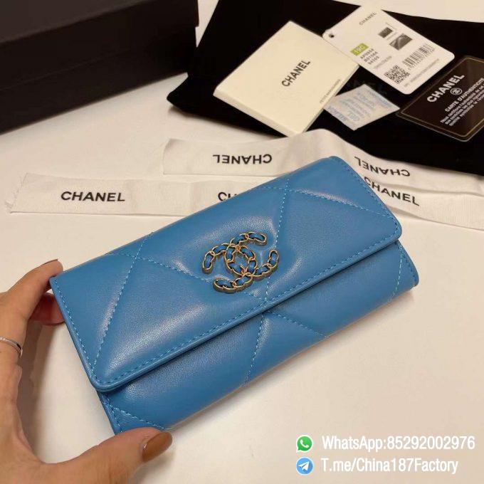 187 Factory Bags Chanel 19 Middle Cambon Wallet Blue Shiny Lambskin Gold Tone Metal 04