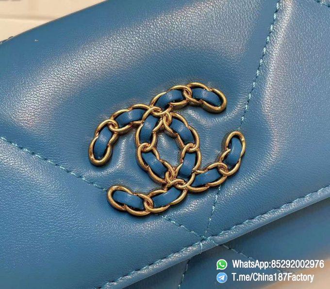 187 Factory Bags Chanel 19 Middle Cambon Wallet Blue Shiny Lambskin Gold Tone Metal 09