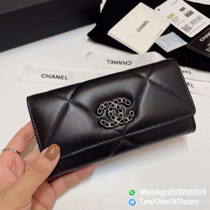 187 Factory Bags Chanel 19 Middle Wallet Black Shiny Lambskin Silver Tone Metal 01