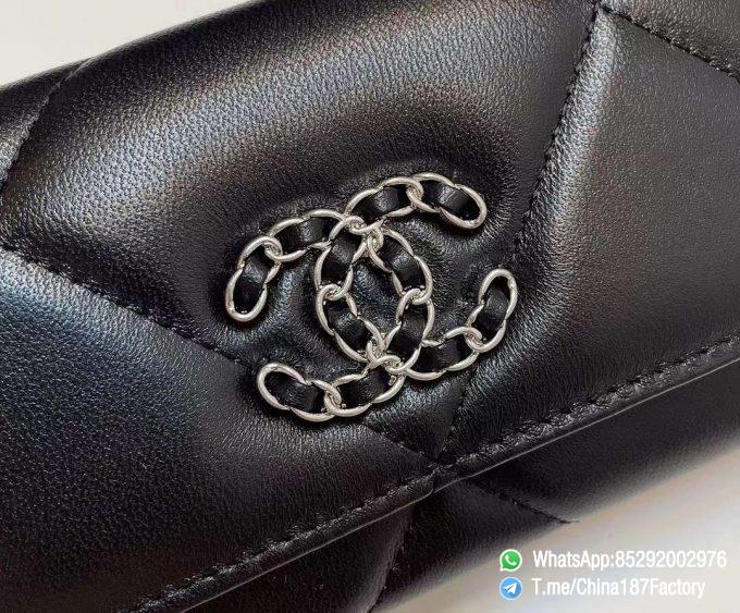 187 Factory Bags Chanel 19 Middle Wallet Black Shiny Lambskin Silver Tone Metal 09