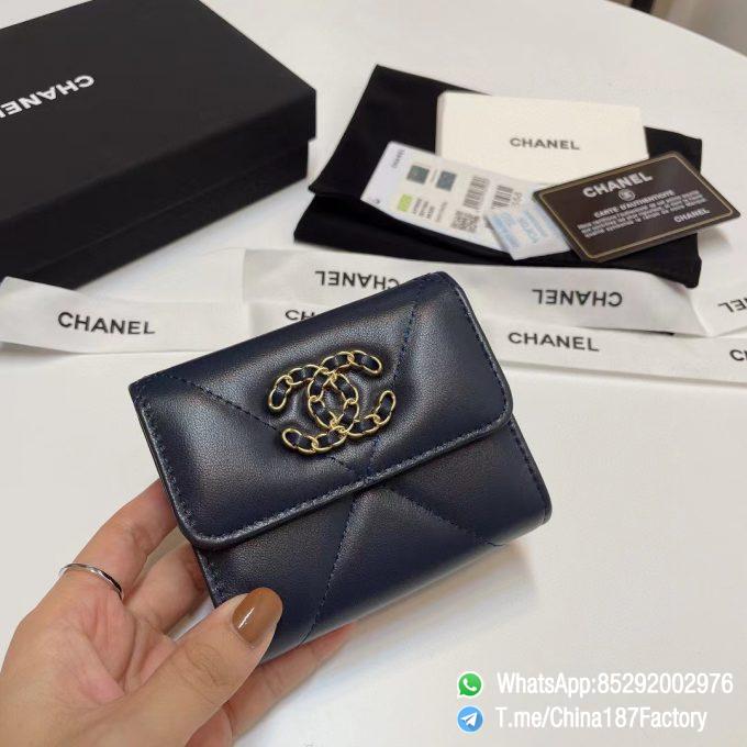 187 Factory Bags Chanel 19 Mini Three Fold Wallet Abysse Blue Shiny Lambskin Gold Tone Metal 01