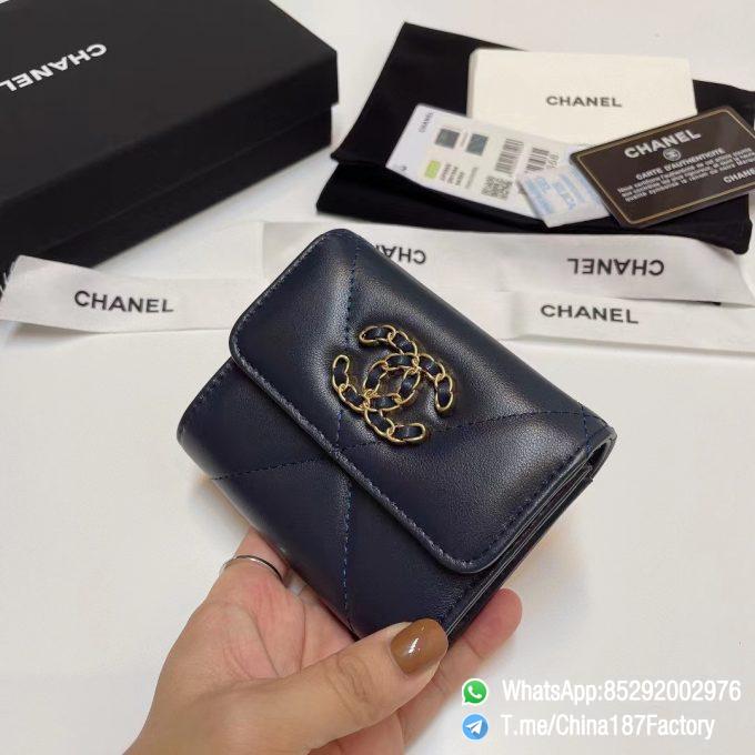 187 Factory Bags Chanel 19 Mini Three Fold Wallet Abysse Blue Shiny Lambskin Gold Tone Metal 02