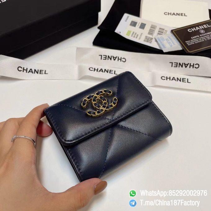 187 Factory Bags Chanel 19 Mini Three Fold Wallet Abysse Blue Shiny Lambskin Gold Tone Metal 04