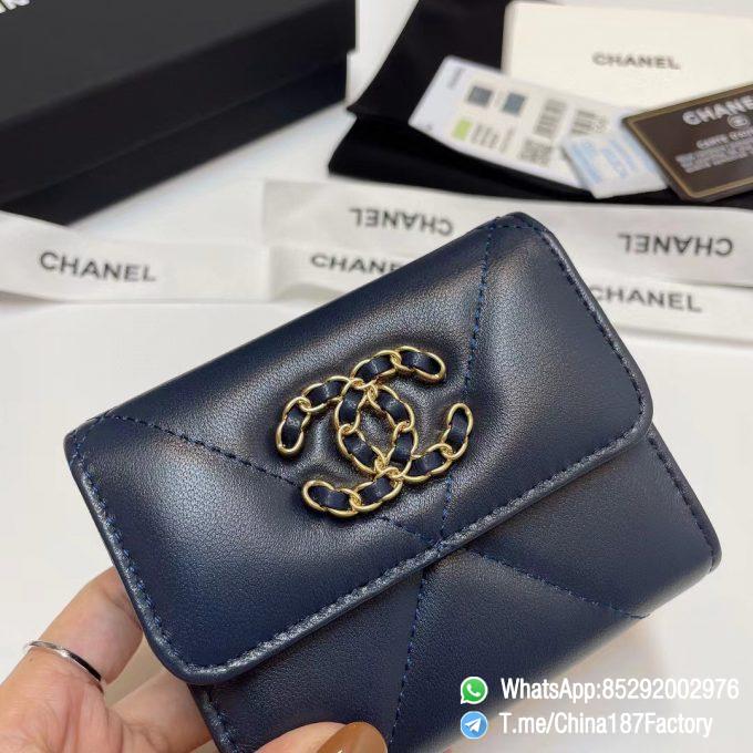 187 Factory Bags Chanel 19 Mini Three Fold Wallet Abysse Blue Shiny Lambskin Gold Tone Metal 06