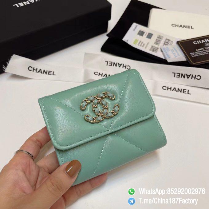 187 Factory Bags Chanel 19 Mini Three Fold Wallet Aqua Green Shiny Lambskin Gold Tone Metal 01