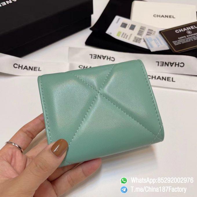 187 Factory Bags Chanel 19 Mini Three Fold Wallet Aqua Green Shiny Lambskin Gold Tone Metal 03