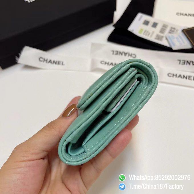 187 Factory Bags Chanel 19 Mini Three Fold Wallet Aqua Green Shiny Lambskin Gold Tone Metal 05