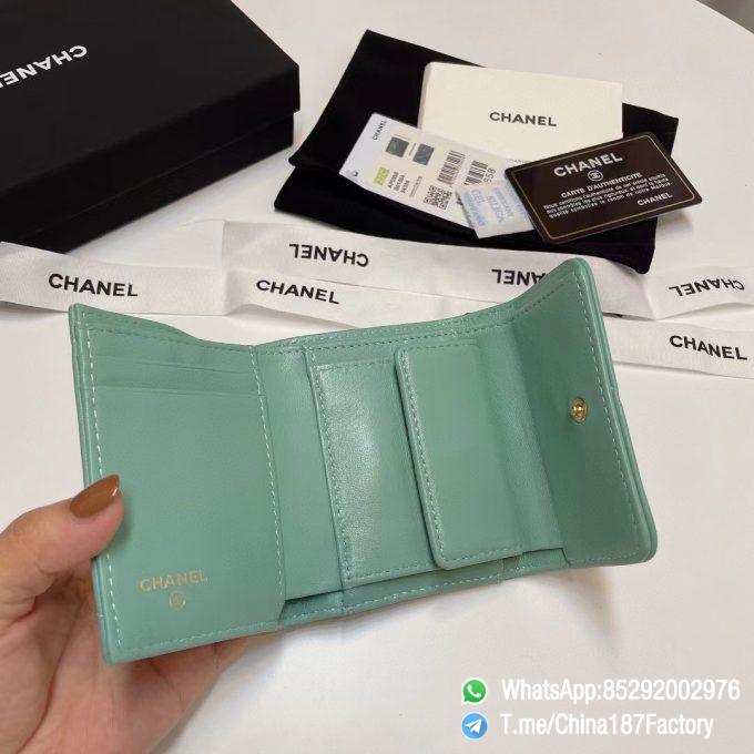 187 Factory Bags Chanel 19 Mini Three Fold Wallet Aqua Green Shiny Lambskin Gold Tone Metal 07