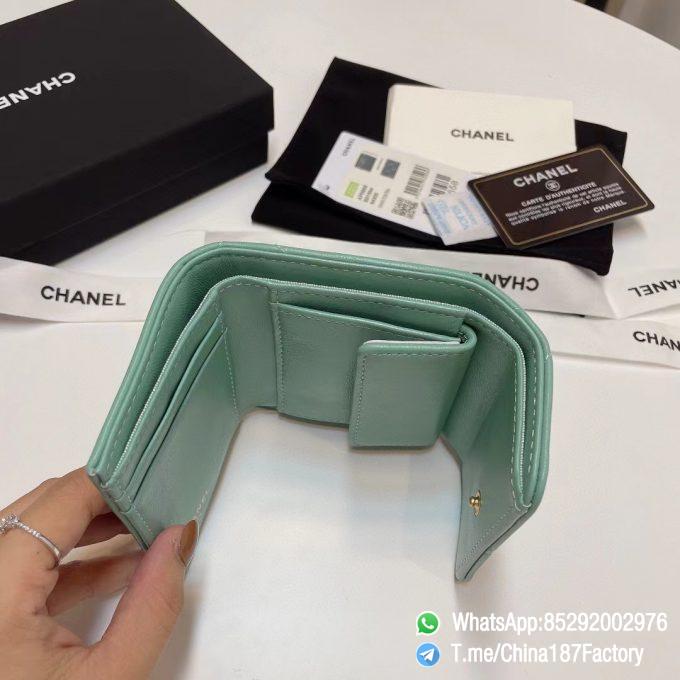 187 Factory Bags Chanel 19 Mini Three Fold Wallet Aqua Green Shiny Lambskin Gold Tone Metal 08