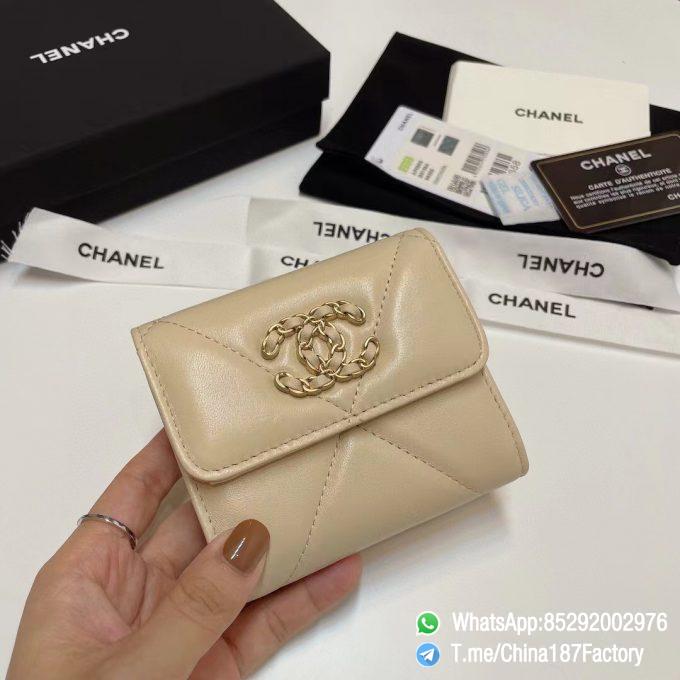 187 Factory Bags Chanel 19 Mini Three Fold Wallet Beige Shiny Lambskin Gold Tone Metal 01