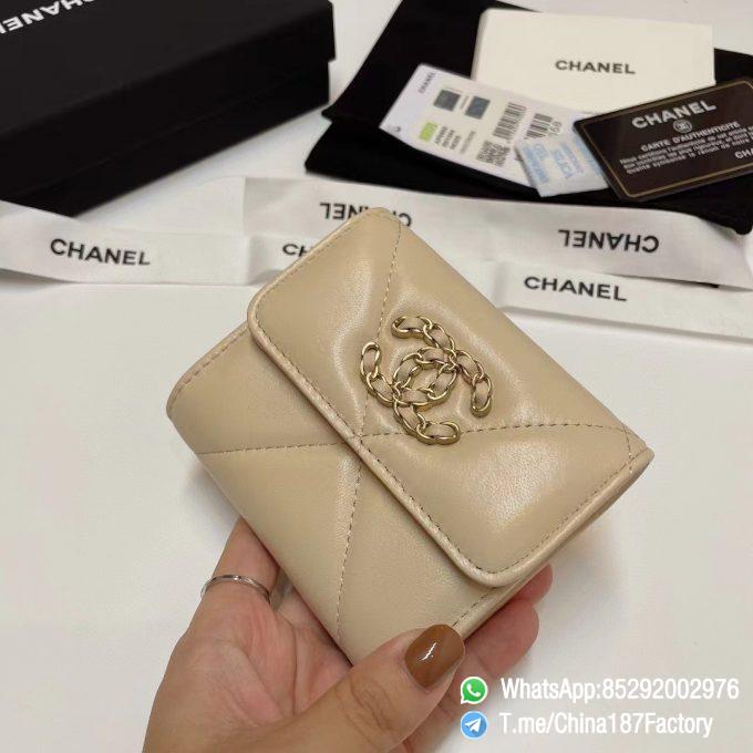 187 Factory Bags Chanel 19 Mini Three Fold Wallet Beige Shiny Lambskin Gold Tone Metal 02