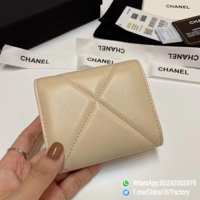 187 Factory Bags Chanel 19 Mini Three Fold Wallet Beige Shiny Lambskin Gold Tone Metal 03