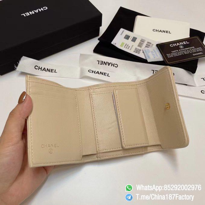 187 Factory Bags Chanel 19 Mini Three Fold Wallet Beige Shiny Lambskin Gold Tone Metal 07