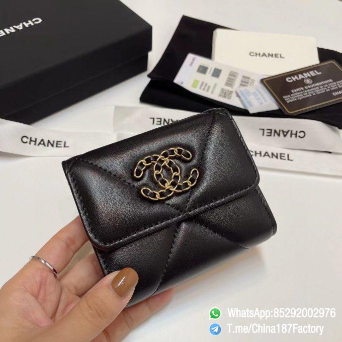 187 Factory Bags Chanel 19 Mini Three Fold Wallet Black Shiny Lambskin Gold Tone Metal 01