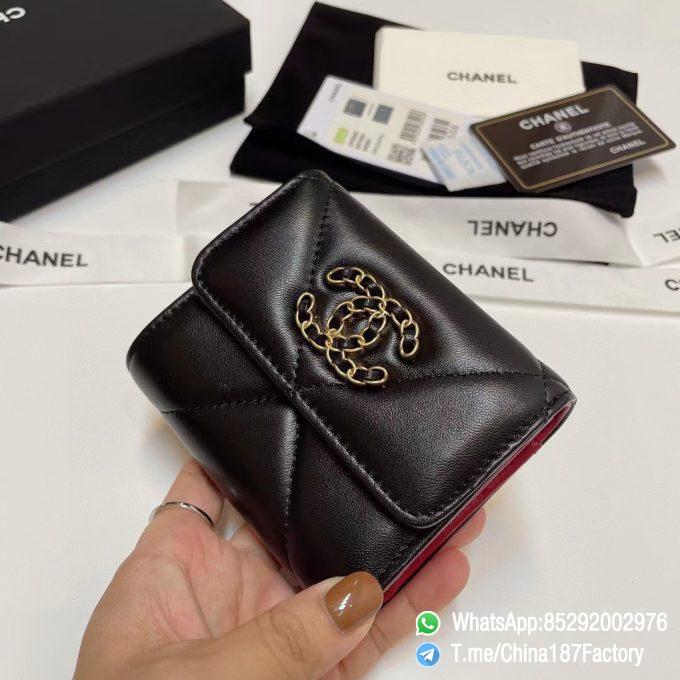 187 Factory Bags Chanel 19 Mini Three Fold Wallet Black Shiny Lambskin Gold Tone Metal 02