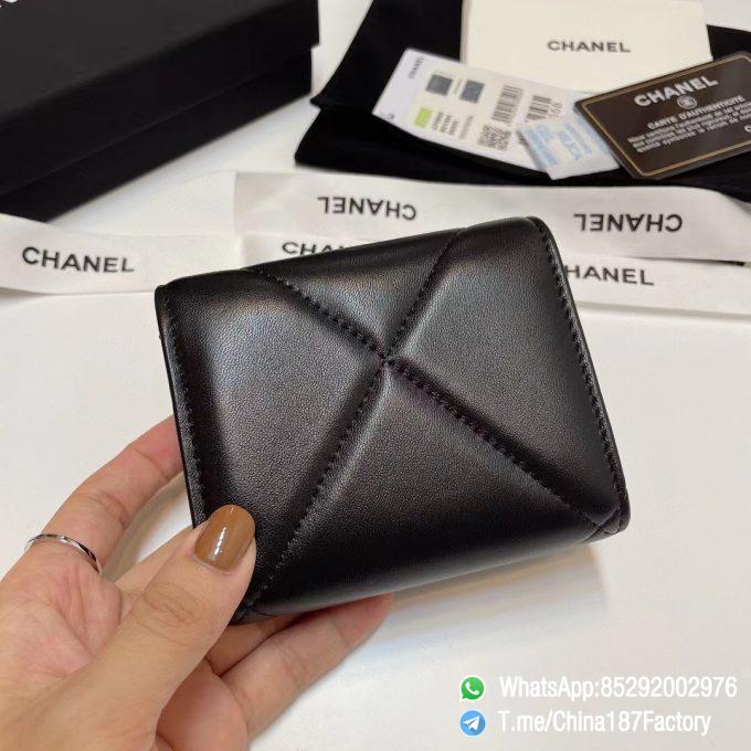 187 Factory Bags Chanel 19 Mini Three Fold Wallet Black Shiny Lambskin Gold Tone Metal 03