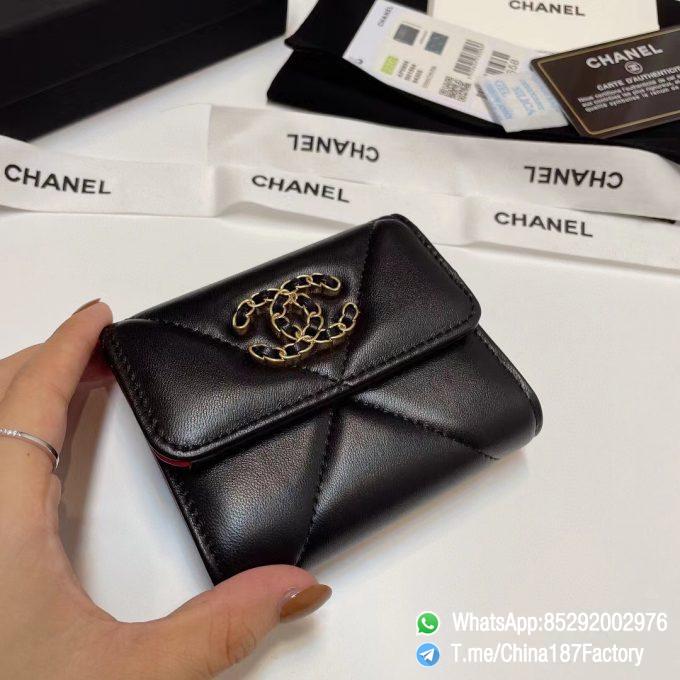 187 Factory Bags Chanel 19 Mini Three Fold Wallet Black Shiny Lambskin Gold Tone Metal 05