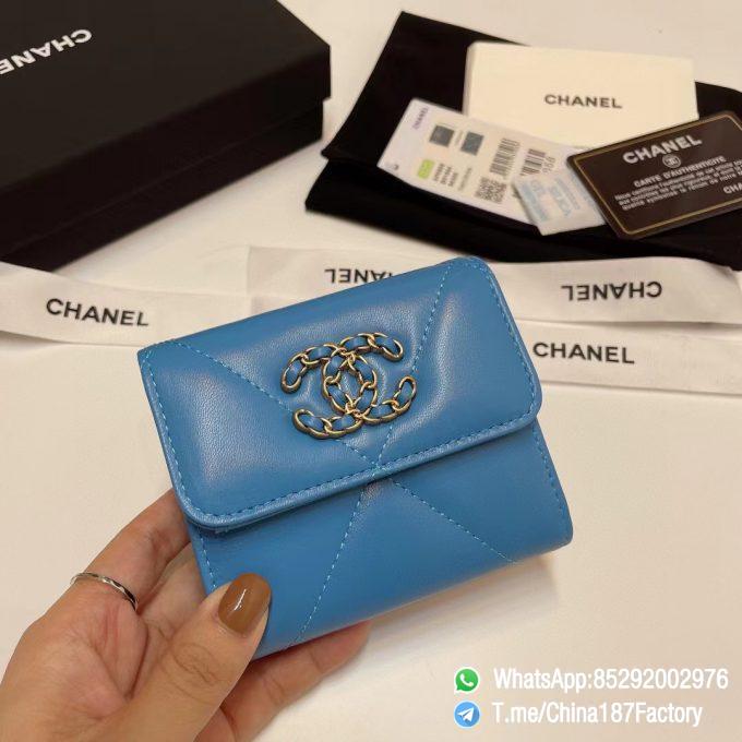 187 Factory Bags Chanel 19 Mini Three Fold Wallet Blue Shiny Lambskin Gold Tone Metal 01