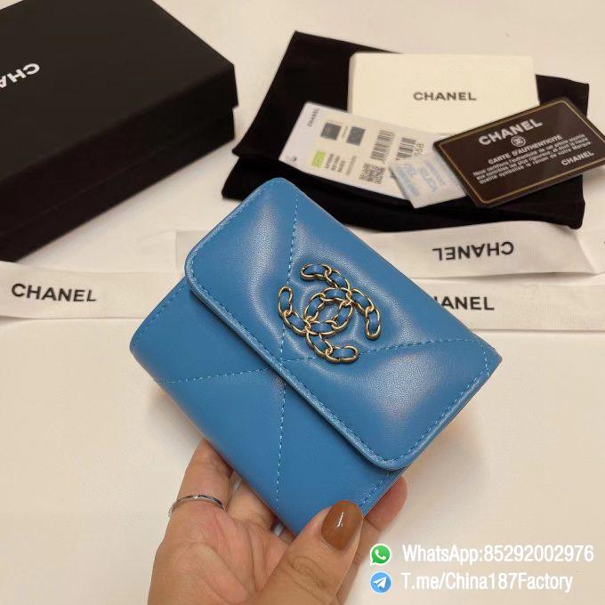 187 Factory Bags Chanel 19 Mini Three Fold Wallet Blue Shiny Lambskin Gold Tone Metal 02