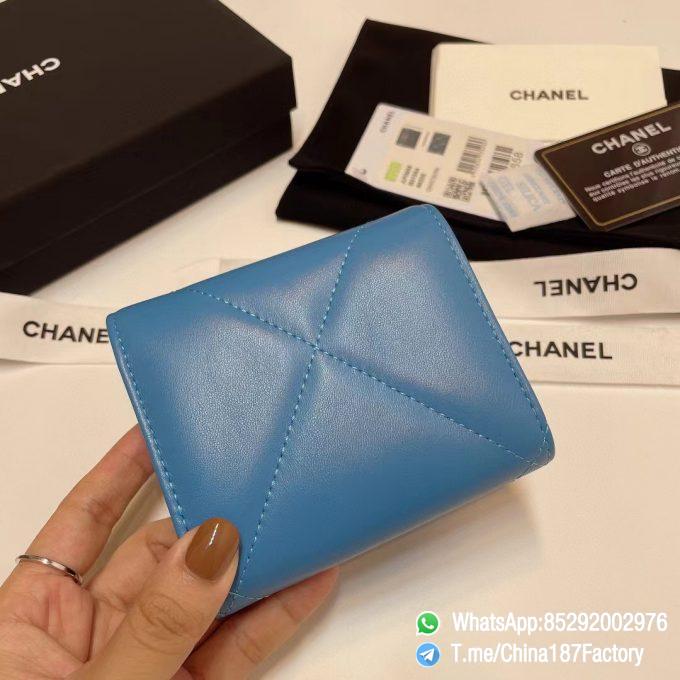 187 Factory Bags Chanel 19 Mini Three Fold Wallet Blue Shiny Lambskin Gold Tone Metal 03