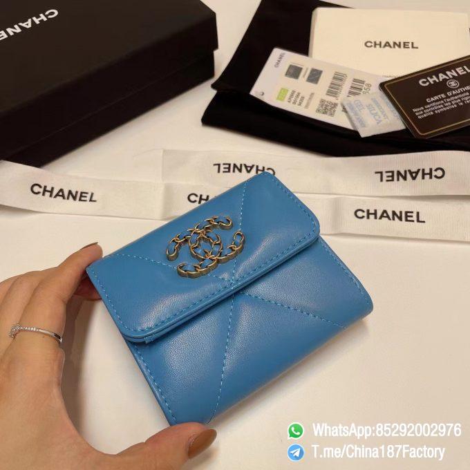 187 Factory Bags Chanel 19 Mini Three Fold Wallet Blue Shiny Lambskin Gold Tone Metal 04