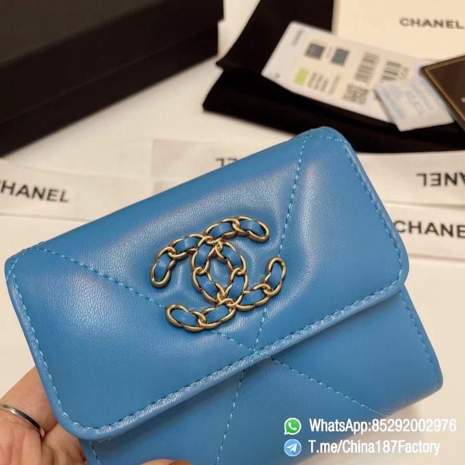 187 Factory Bags Chanel 19 Mini Three Fold Wallet Blue Shiny Lambskin Gold Tone Metal 05