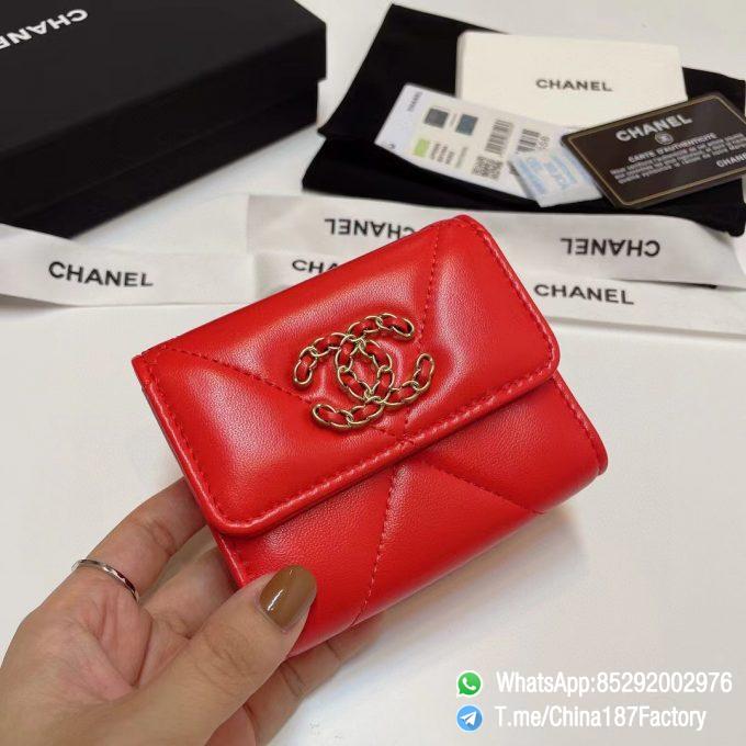 187 Factory Bags Chanel 19 Mini Three Fold Wallet Bright Red Shiny Lambskin Gold Tone Metal 01