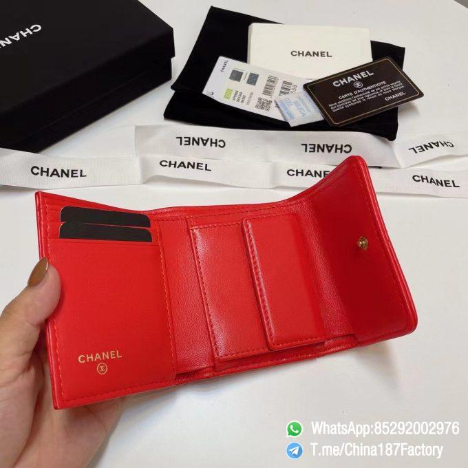 187 Factory Bags Chanel 19 Mini Three Fold Wallet Bright Red Shiny Lambskin Gold Tone Metal 07