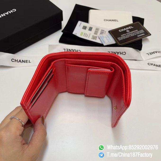 187 Factory Bags Chanel 19 Mini Three Fold Wallet Bright Red Shiny Lambskin Gold Tone Metal 08