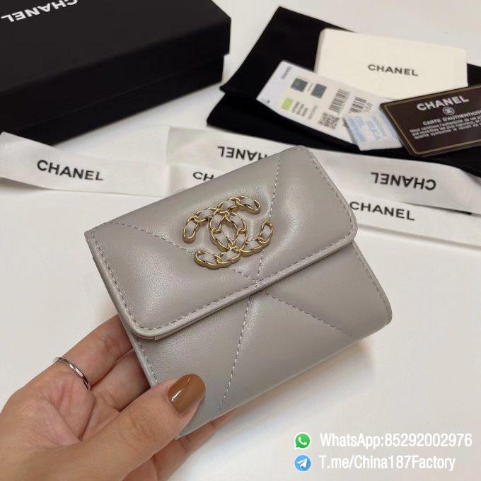 187 Factory Bags Chanel 19 Mini Three Fold Wallet Pearl Gray Shiny Lambskin Gold Tone Metal 01