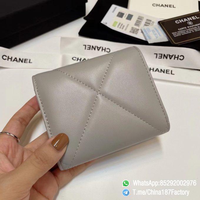 187 Factory Bags Chanel 19 Mini Three Fold Wallet Pearl Gray Shiny Lambskin Gold Tone Metal 03