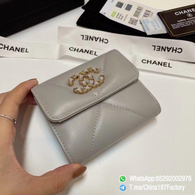 187 Factory Bags Chanel 19 Mini Three Fold Wallet Pearl Gray Shiny Lambskin Gold Tone Metal 04