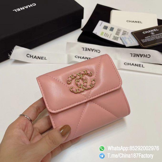 187 Factory Bags Chanel 19 Mini Three Fold Wallet Pink Shiny Lambskin Gold Tone Metal 01