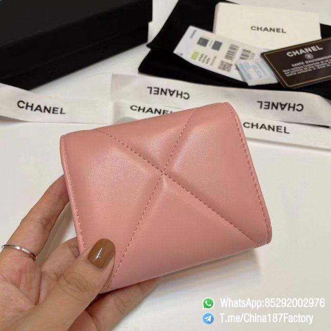 187 Factory Bags Chanel 19 Mini Three Fold Wallet Pink Shiny Lambskin Gold Tone Metal 03