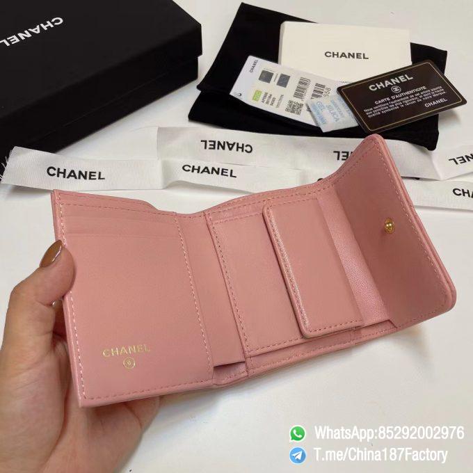 187 Factory Bags Chanel 19 Mini Three Fold Wallet Pink Shiny Lambskin Gold Tone Metal 07