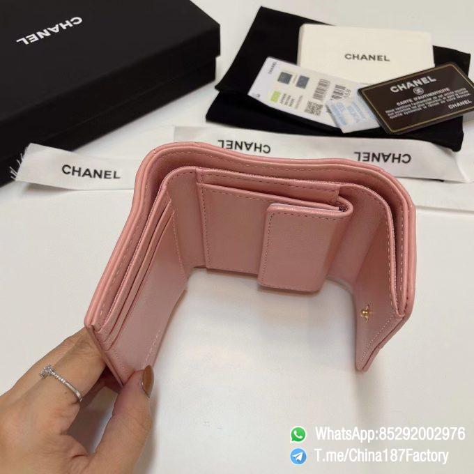 187 Factory Bags Chanel 19 Mini Three Fold Wallet Pink Shiny Lambskin Gold Tone Metal 08