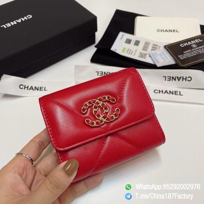 187 Factory Bags Chanel 19 Mini Three Fold Wallet Red Shiny Lambskin Gold Tone Metal 01