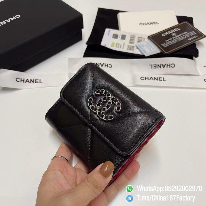 187 Factory Bags Chanel 19 Mini Wallet Black Shiny Lambskin Silver Tone Metal 02