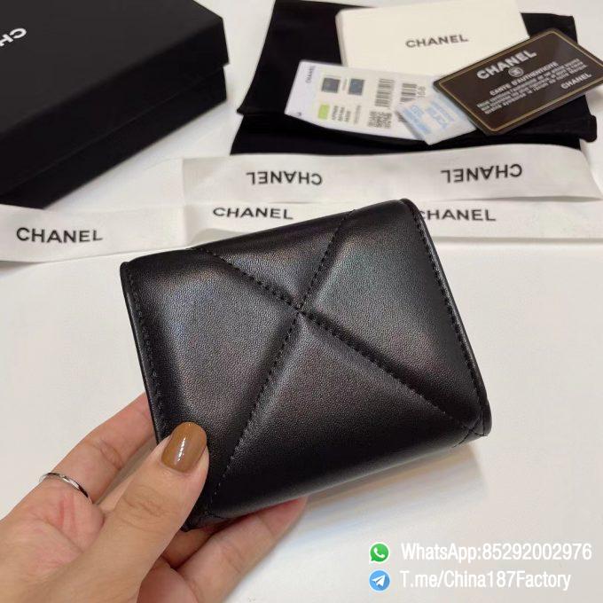 187 Factory Bags Chanel 19 Mini Wallet Black Shiny Lambskin Silver Tone Metal 03