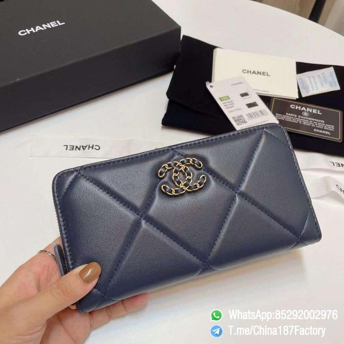 187 Factory Bags Chanel 19 Zipped Long Wallet Abysse Blue Shiny Lambskin Gold Tone Metal 01