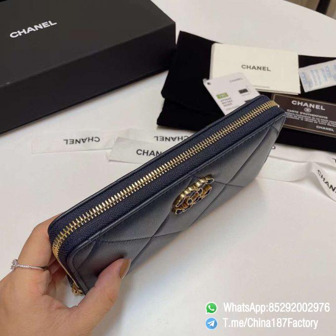 187 Factory Bags Chanel 19 Zipped Long Wallet Abysse Blue Shiny Lambskin Gold Tone Metal 05