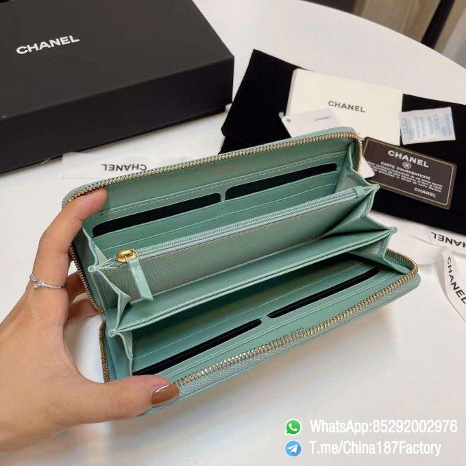 187 Factory Bags Chanel 19 Zipped Long Wallet Aqua Green Shiny Lambskin Gold Tone Metal 06